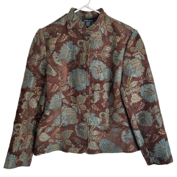Portrait Women’s Large Brown‎ Floral Botanical Tapestry Button Up Jacket Blazer - Picture 1 of 7